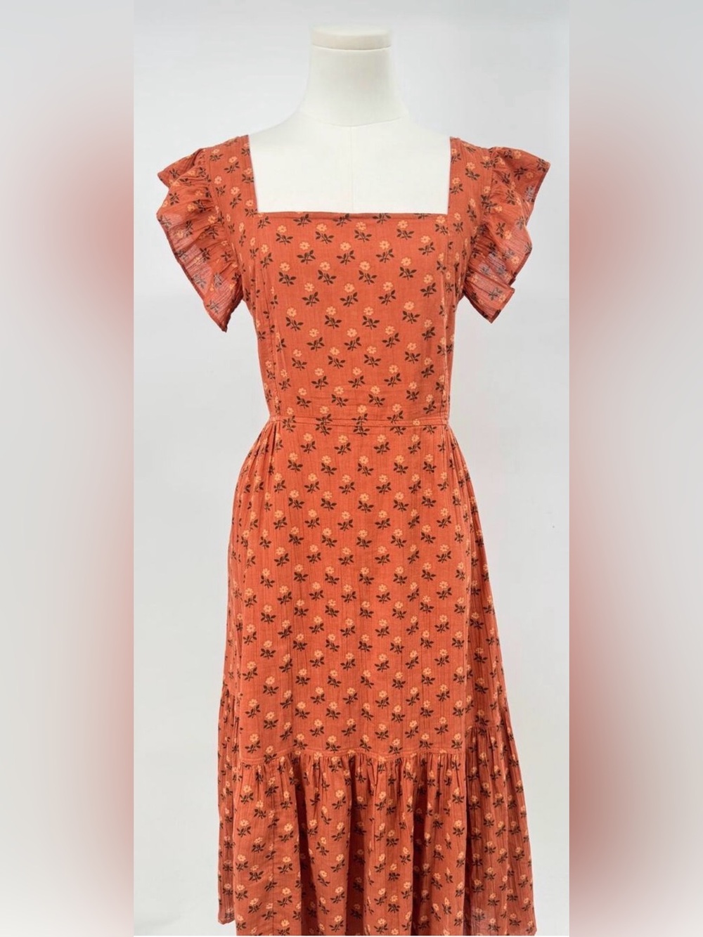 Madewell Ruffle Strap Tiered Midi Dress Terracotta Block Print Floral Large